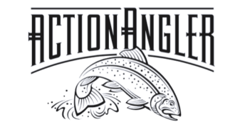 Logo of "action angler" featuring a stylized illustration of a leaping fish above stylized text.