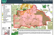 Map delineating firearm discharge prohibition areas around sugarloaf mountain in boulder county, colorado, with clear boundaries for safe and restricted zones.