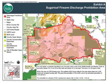 Map delineating firearm discharge prohibition areas around sugarloaf mountain in boulder county, colorado, with clear boundaries for safe and restricted zones.