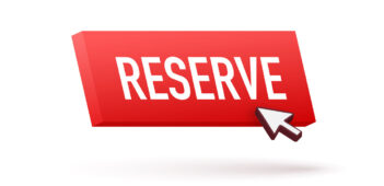 3d illustration of a bright red 'reserve' button with a white cursor arrow pointing at it, isolated on a white background.