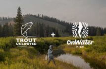 A person fly fishing in a serene river, surrounded by lush greenery, with logos of "trout unlimited" and "onwater fish" positioned on the right.
