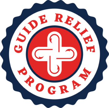 Logo of the guide relief program featuring a white cross within a circular red background, surrounded by blue borders with the program's name in white text.