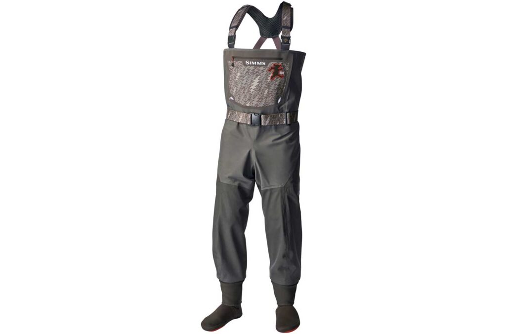 Gray chest waders with adjustable straps, a front pocket, belt, and attached booties, designed for fishing or water activities.