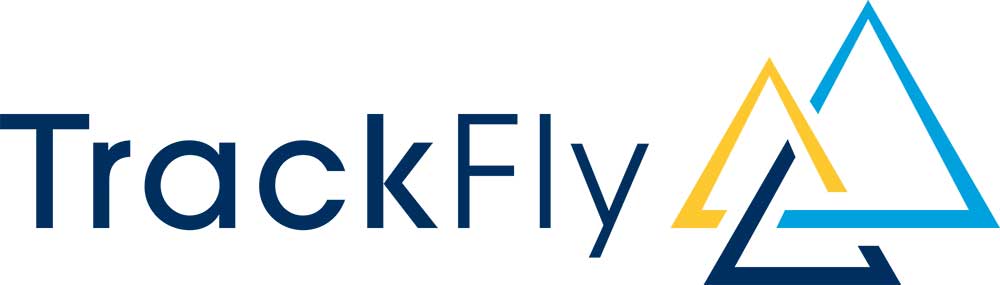 TrackFly logo with dark blue text next to two overlapping outlined triangles, one yellow and one blue, forming a stylized mountain shape.