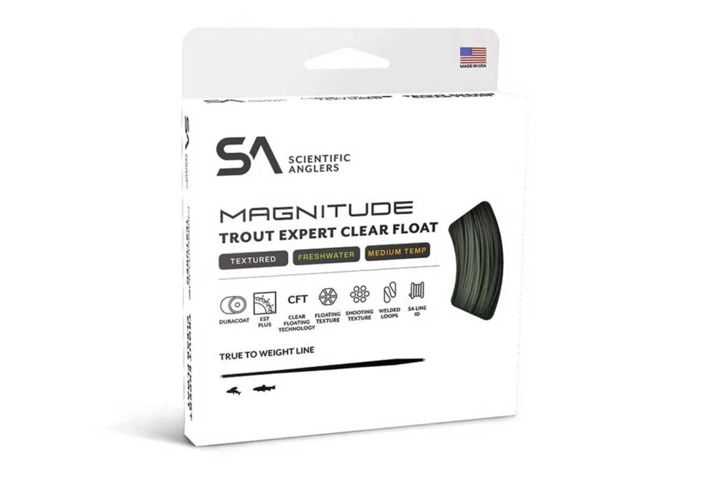 White box packaging for Scientific Anglers Magnitude Trout Expert Clear Float fishing line, labeled for freshwater and medium temperature use.