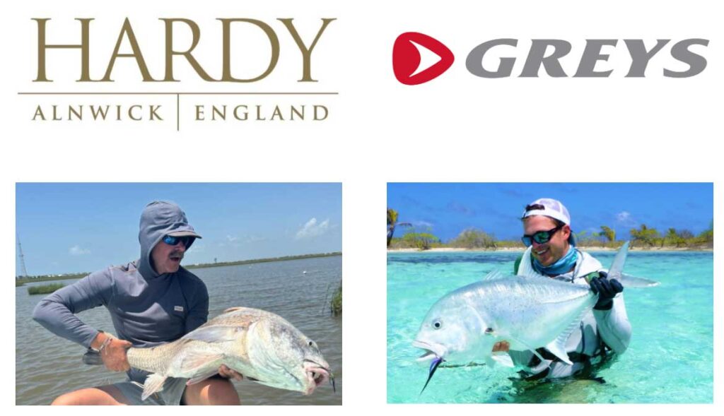 Two anglers each hold large fish in shallow, clear water. Above them are the Hardy Alnwick England and Greys logos.