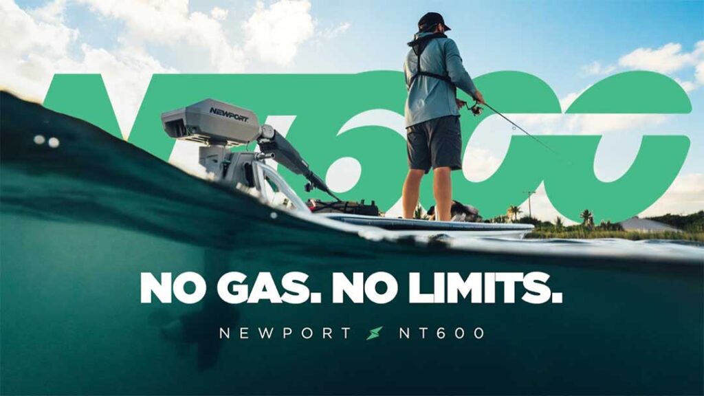 A person fishing on a boat equipped with a Newport NT600 motor, with the text "No gas. No limits. Newport NT600" displayed over the image.