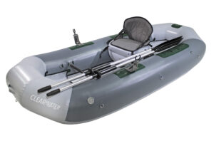 Inflatable gray and green boat with a cushioned seat, two black paddles, and "CLEARWATER" branding on the side.
