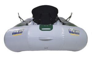 Inflatable fishing pontoon boat with a black seat and oars, viewed from the front, featuring the Outcast Sporting Gear logo on each side.