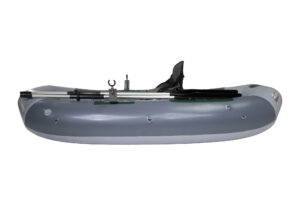 Gray inflatable boat with black seat, mounted rod holder, oars attached to the sides, and multiple attachment points, shown against a white background.