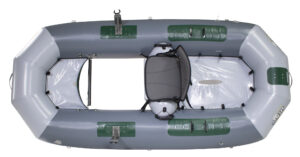 Top view of a gray inflatable boat with green accents, a central padded seat with backrest, and various attachment points and compartments.