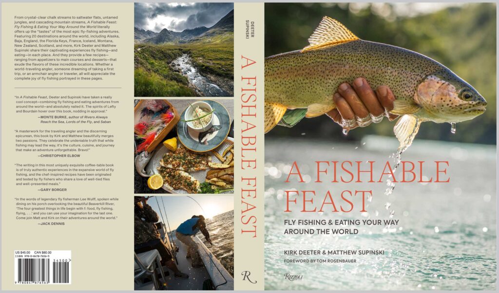 Book cover titled "A Fishable Feast" featuring a close-up of a trout, fly fishing scenes, and prepared fish dishes, highlighting global fly fishing and culinary experiences.