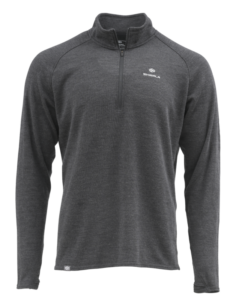 A long-sleeve, dark gray quarter-zip pullover with a stand collar and the Skwala logo on the left chest.