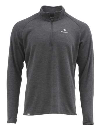 A long-sleeve, dark gray quarter-zip pullover with a stand collar and the Skwala logo on the left chest.