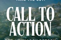 A school of fish swims underwater with bold text urging action for menhaden industry reform and reduced overharvesting, by the American Saltwater Guides Association.