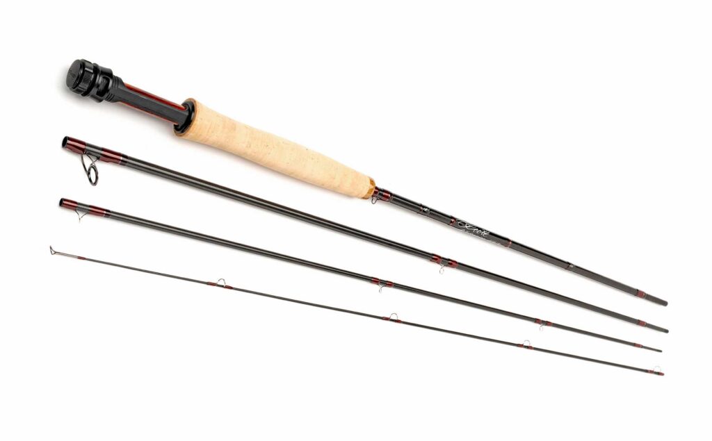 Four-piece fly fishing rod with a cork handle and black reel seat, displayed disassembled and laid out in a row on a white background.