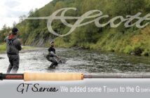 Two people fly fishing in a river with trees and hills in the background; a fly rod and Scott logo are overlaid with text about the GT Series.