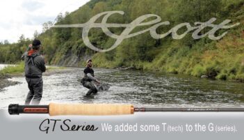 Two people fly fishing in a river with trees and hills in the background; a fly rod and Scott logo are overlaid with text about the GT Series.