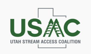 Utah Stream Access Coalition logo with green "USAC" letters; "A" resembles a river and fishing access ladder. Outline of Utah state in background. Text: "UTAH STREAM ACCESS COALITION" below.