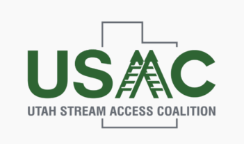 Utah Stream Access Coalition logo with green "USAC" letters; "A" resembles a river and fishing access ladder. Outline of Utah state in background. Text: "UTAH STREAM ACCESS COALITION" below.