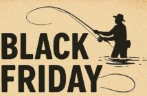 Black Friday sale flyer with a fishing theme, showing a person fishing, a fishhook, and bold text offering 50% off.