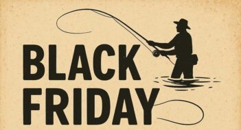 Black Friday sale flyer with a fishing theme, showing a person fishing, a fishhook, and bold text offering 50% off.
