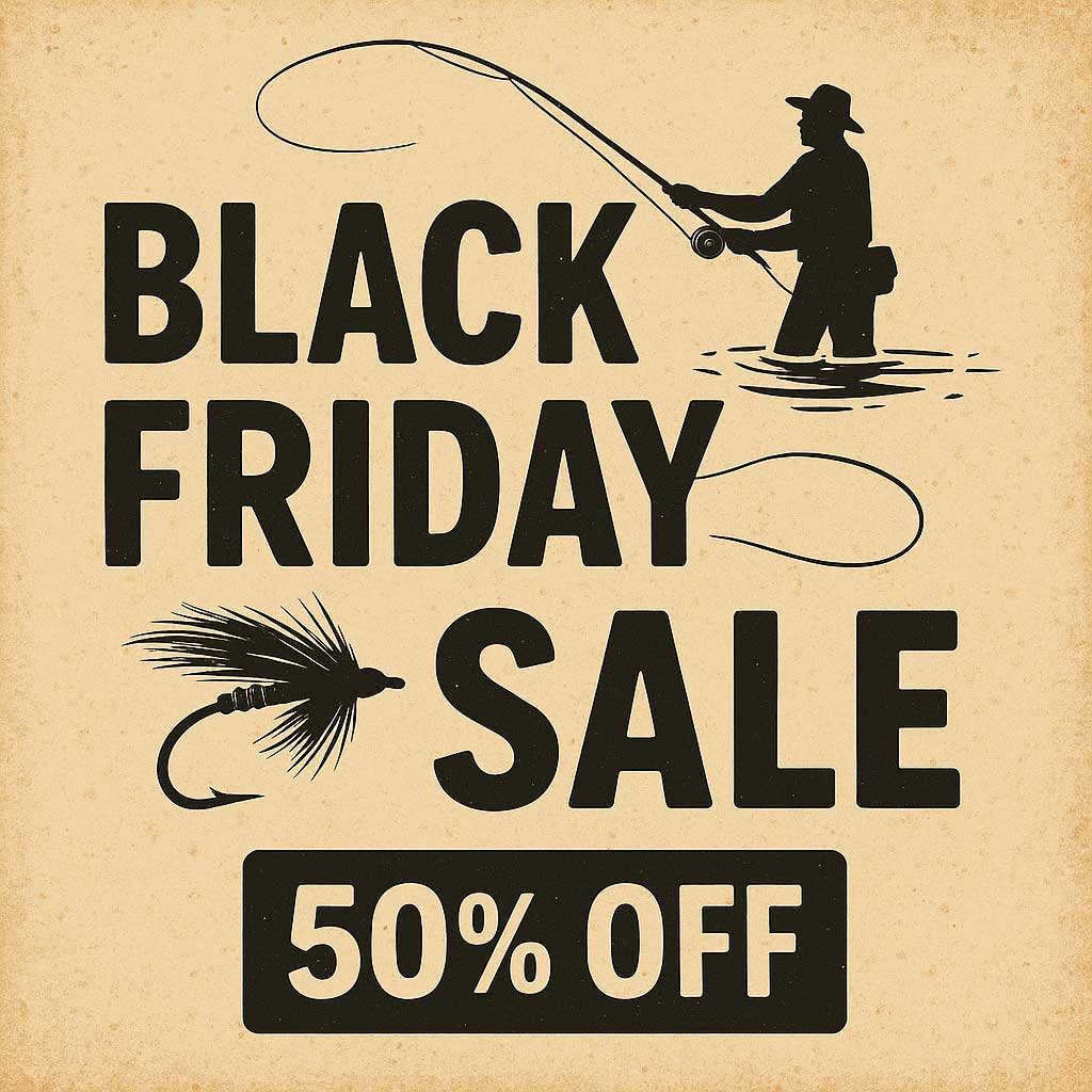 Black Friday sale flyer with a fishing theme, showing a person fishing, a fishhook, and bold text offering 50% off.