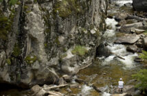 A person stands on rocks by a fast-flowing stream, fishing near a moss-covered cliff in a forested area.