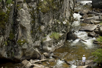 A person stands on rocks by a fast-flowing stream, fishing near a moss-covered cliff in a forested area.
