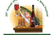 Illustration of a fish holding a wine glass next to a wine bottle, fishing rod, corkscrew, and corks, promoting the 25th Annual Virginia Fly Fishing & Wine Festival in January 2026.