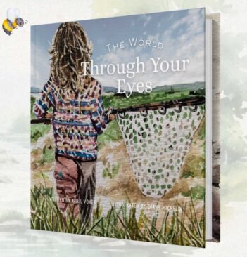 A book titled "The World Through Your Eyes" shows a child with a net standing outdoors, facing away, with fields and sky in the background.